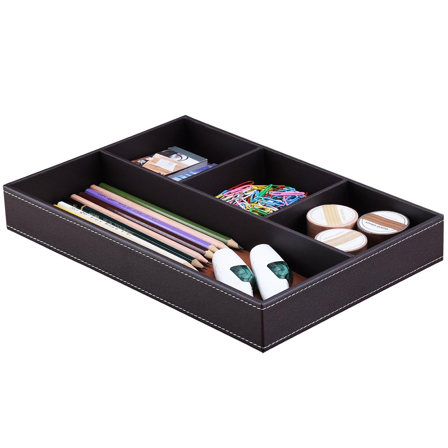 KINGFOM Pu Leather Desk Organizer Tray, 4 Compartment Office Storage Supplies Stationery Drawer