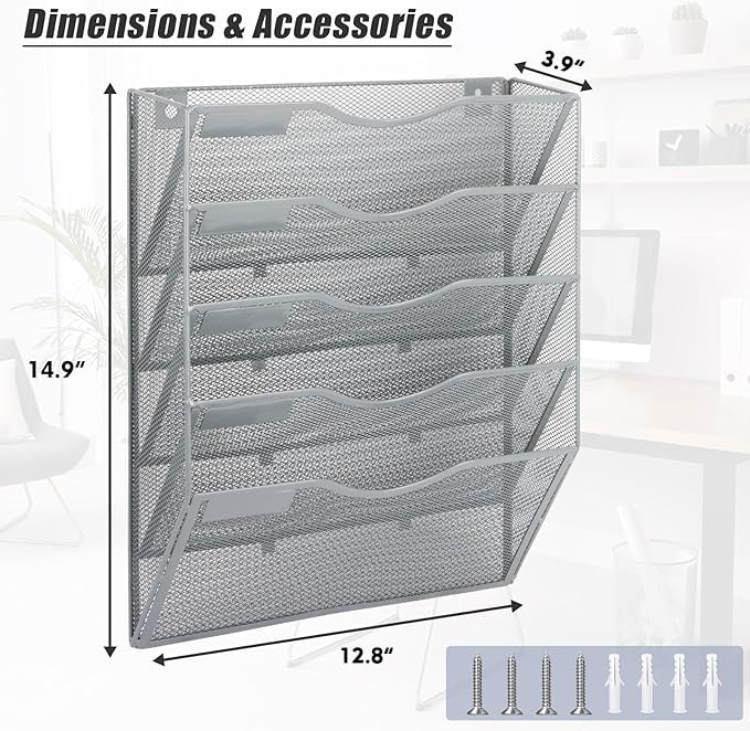 EASEPRES 5 Pocket Mesh Hanging Wall File Organizer, Wall Mounted Mail Paper Document Folder Holder