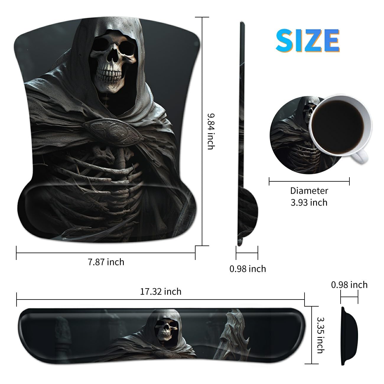 Dikoer 3Pcs Ergonomic Memory Foam Keyboard Wrist Rest Pad Set, Cool Skull
