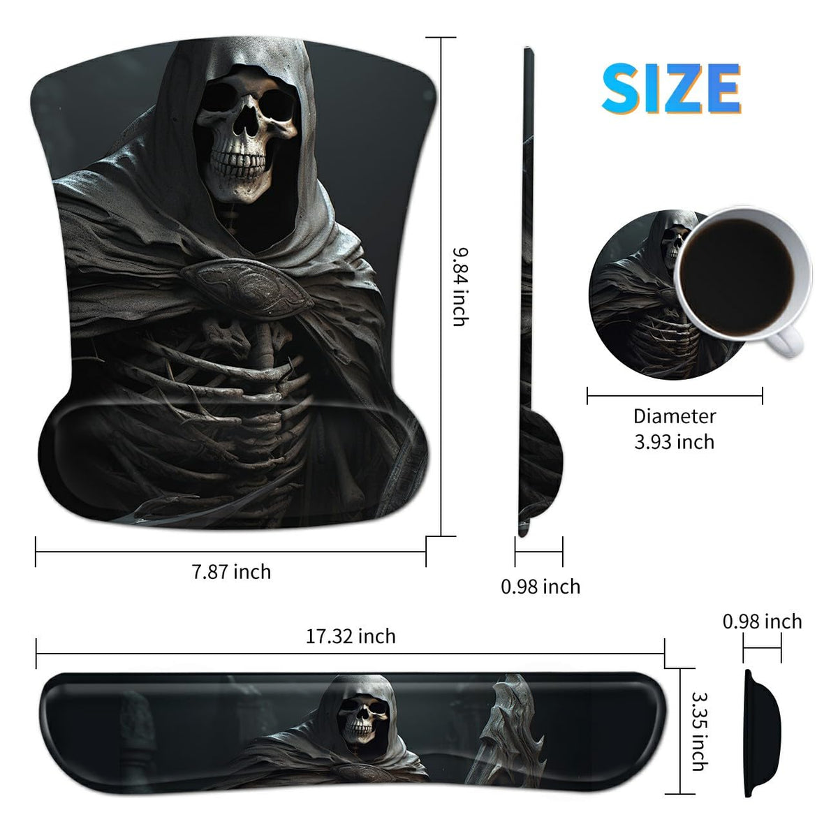 Dikoer 3Pcs Ergonomic Memory Foam Keyboard Wrist Rest Pad Set, Cool Skull