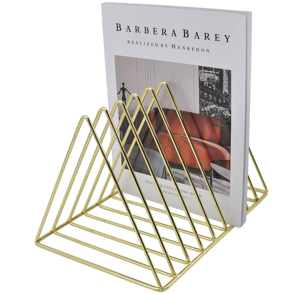 EASEPRES Gold File Holder Organizer, Triangle Record Album Holder Magazine Wire Rack, 9 Slot