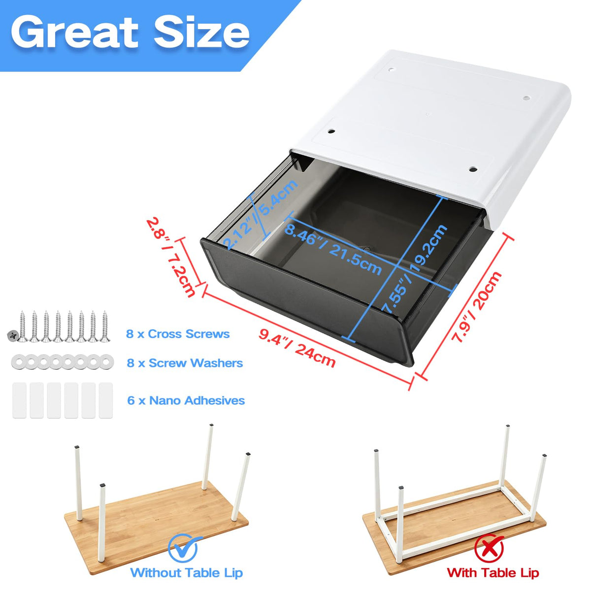 OSPNIEEK Self-adhesive Under Desk Drawer Organizer, 2 Pack Table Hidden Slide Out Large Storage