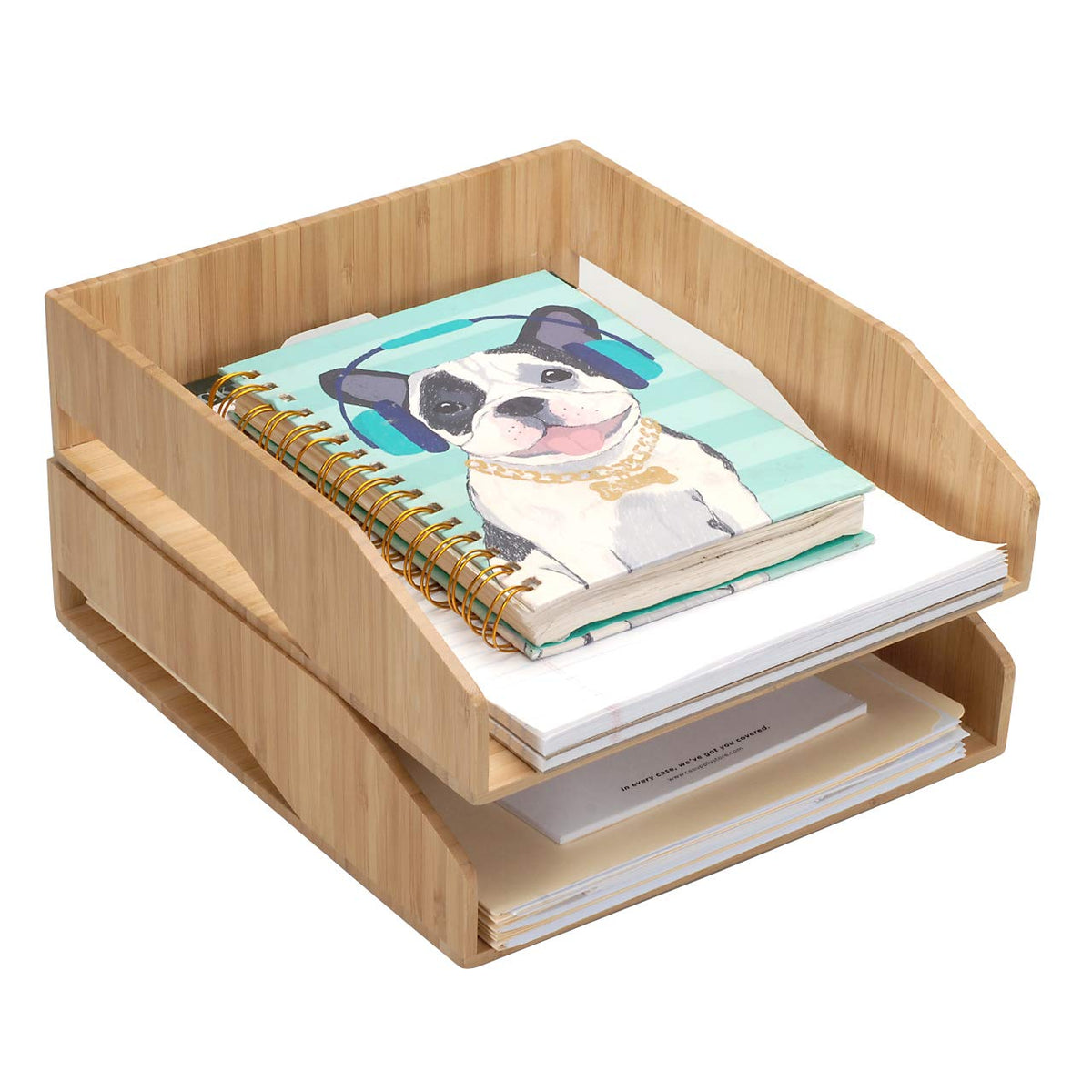 MobileVision 2 Pack Stackable Bamboo Paper Tray Office Organizer for Files, Documents, Letter
