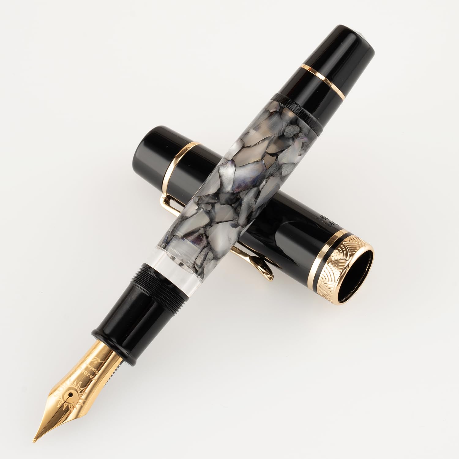 erofa Majohn P139 Piston Fountain Pen No.8 Medium Nib with Box, Gray Marble Acrylic Large Capacity