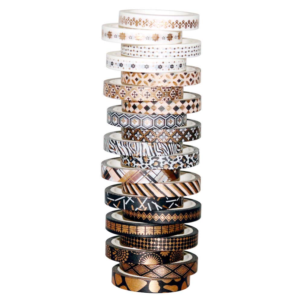 YUBBAEX 20 Rolls Washi Tape Set Black Gold Foil Print Decorative Tapes for Arts, DIY Crafts, Bullet