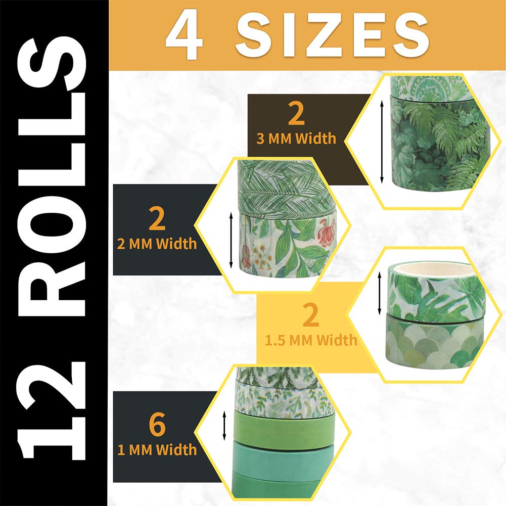 CCINEE 12 Rolls Green Washi Tape Set,Tropical Greenery Leaves Masking Tape for Bullet Journal