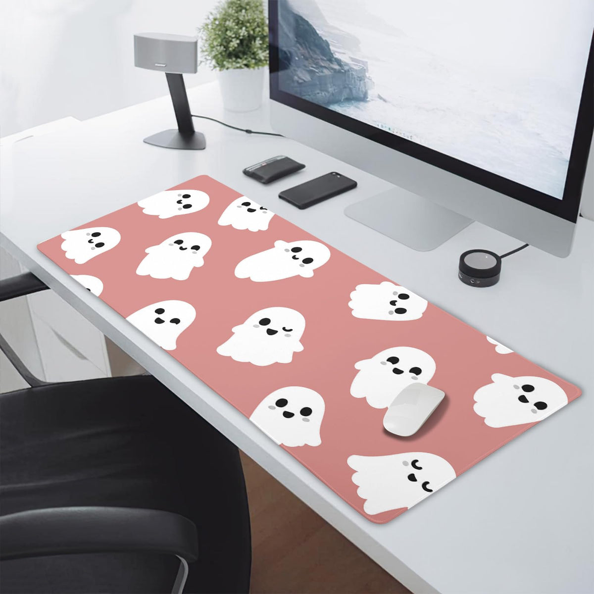 Halloween Cute Ghost Mouse Pad Kawaii Cartoon Spooky Funny Spirit Extended Desk Mat Non-Slip Rubber
