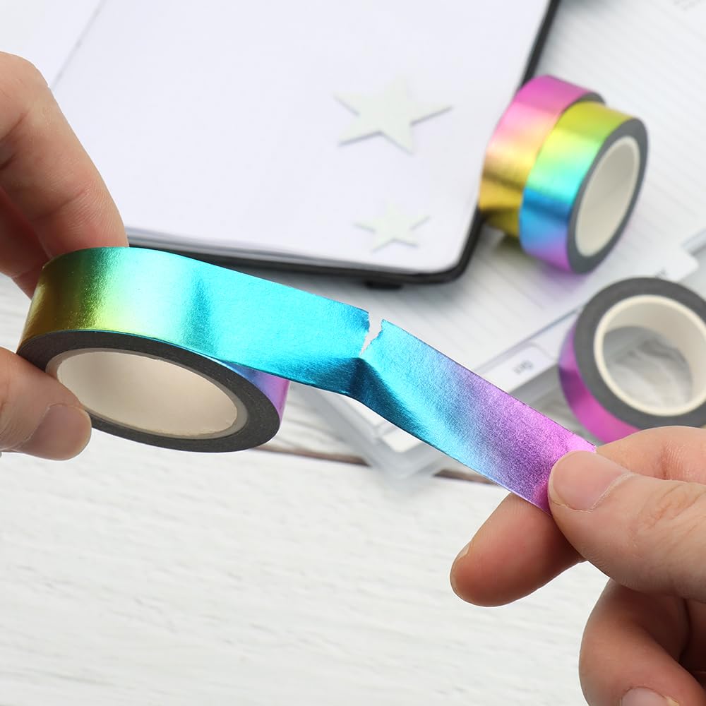 MEI YI TIAN 6 Rolls Solid Rainbow Foil Washi Tape Set 15mmx10m Metallic Paper Adhesive Masking