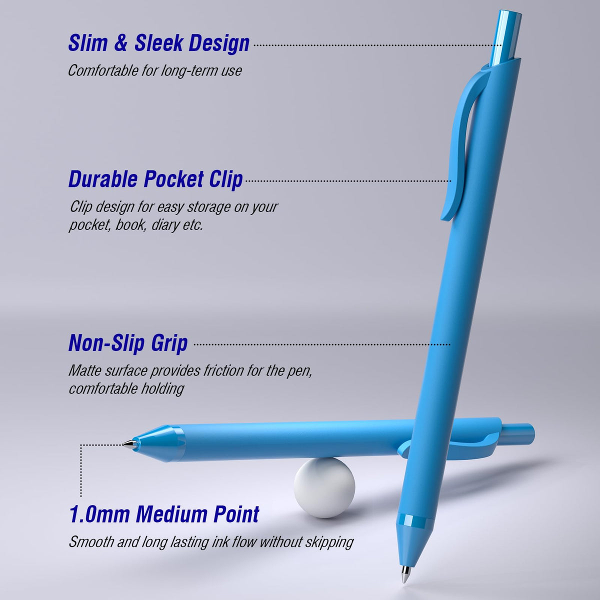 InkSlick Blue Ink Pens Bulk 50 Pack 1.0mm Ballpoint Pen for Smooth Writing