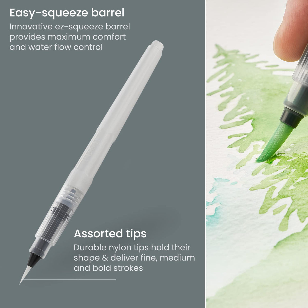 ARTEZA Water Brush Pens for Watercolor, Set of 6, Round and Flat Nylon Tips