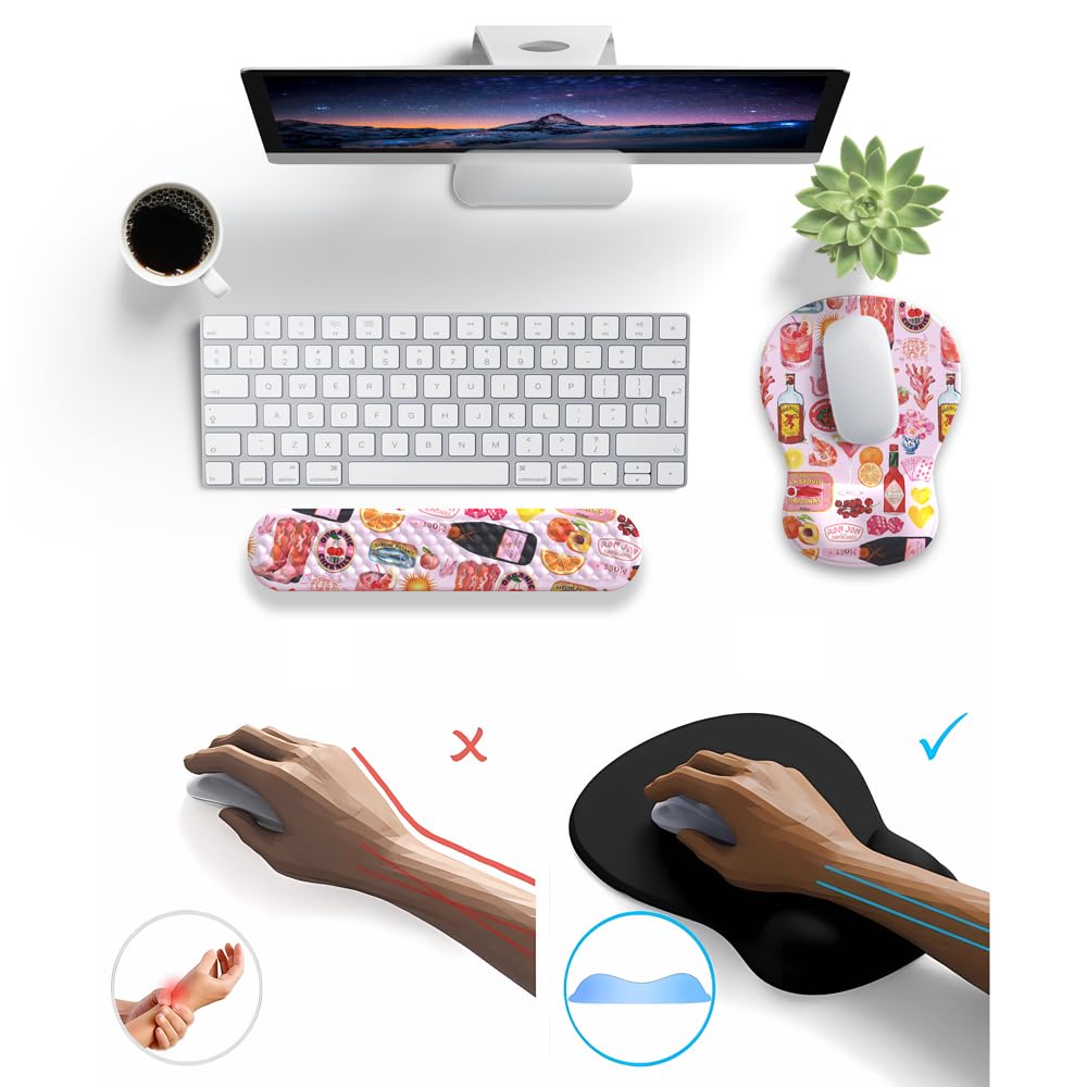 Cute Pink Mouse Pad and Keyboard with Wrist Rest Ergonomic Aesthetic Gaming Mouse Pads, Best Desk