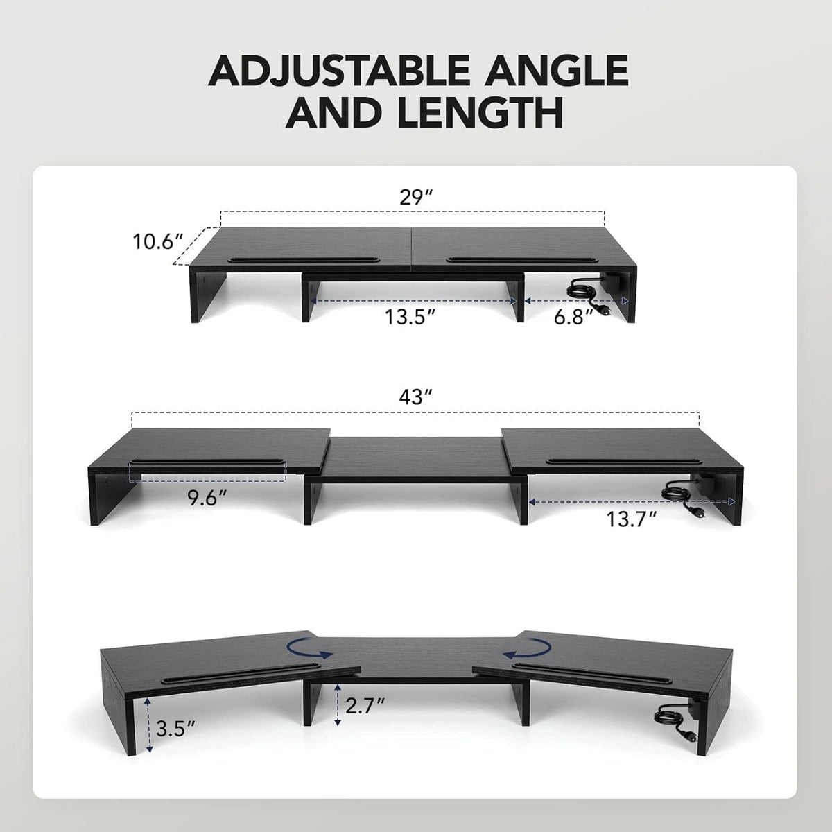 HUANUO Dual Monitor Stand with USB Ports, Adjustable Length & Angle, Black
