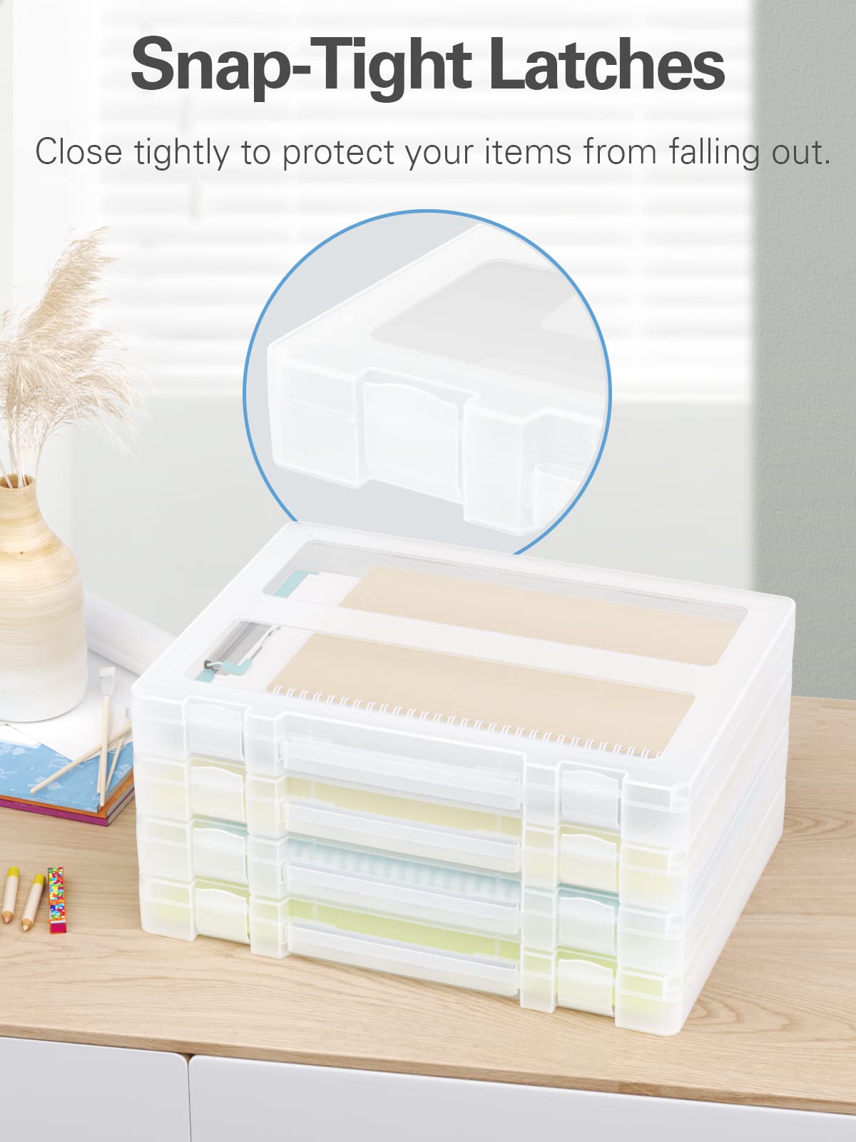 Denkee Large Paper Storage Box, 4 Pack Plastic Scrapbook Paper Storage Organizer with Handle for