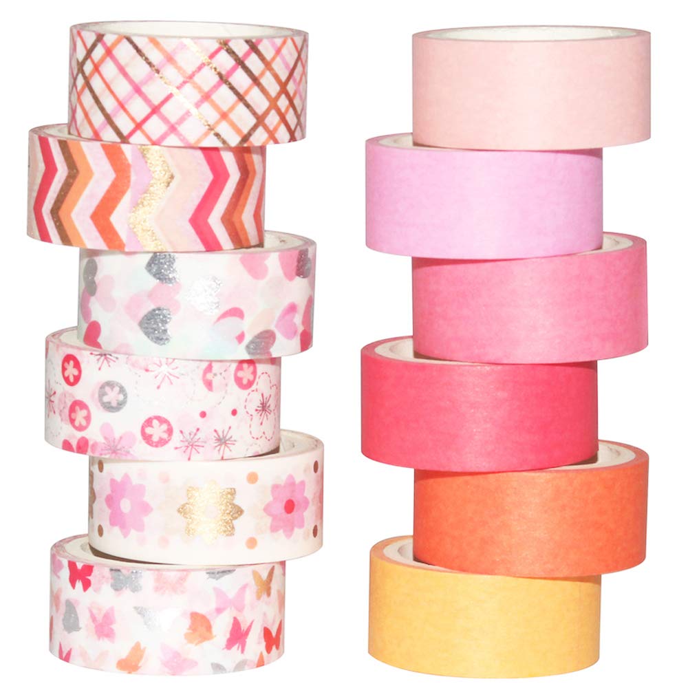 YUBBAEX 12 Rolls Pink Gold Washi Tape Set Masking Decorative Tapes (Pink Mix)