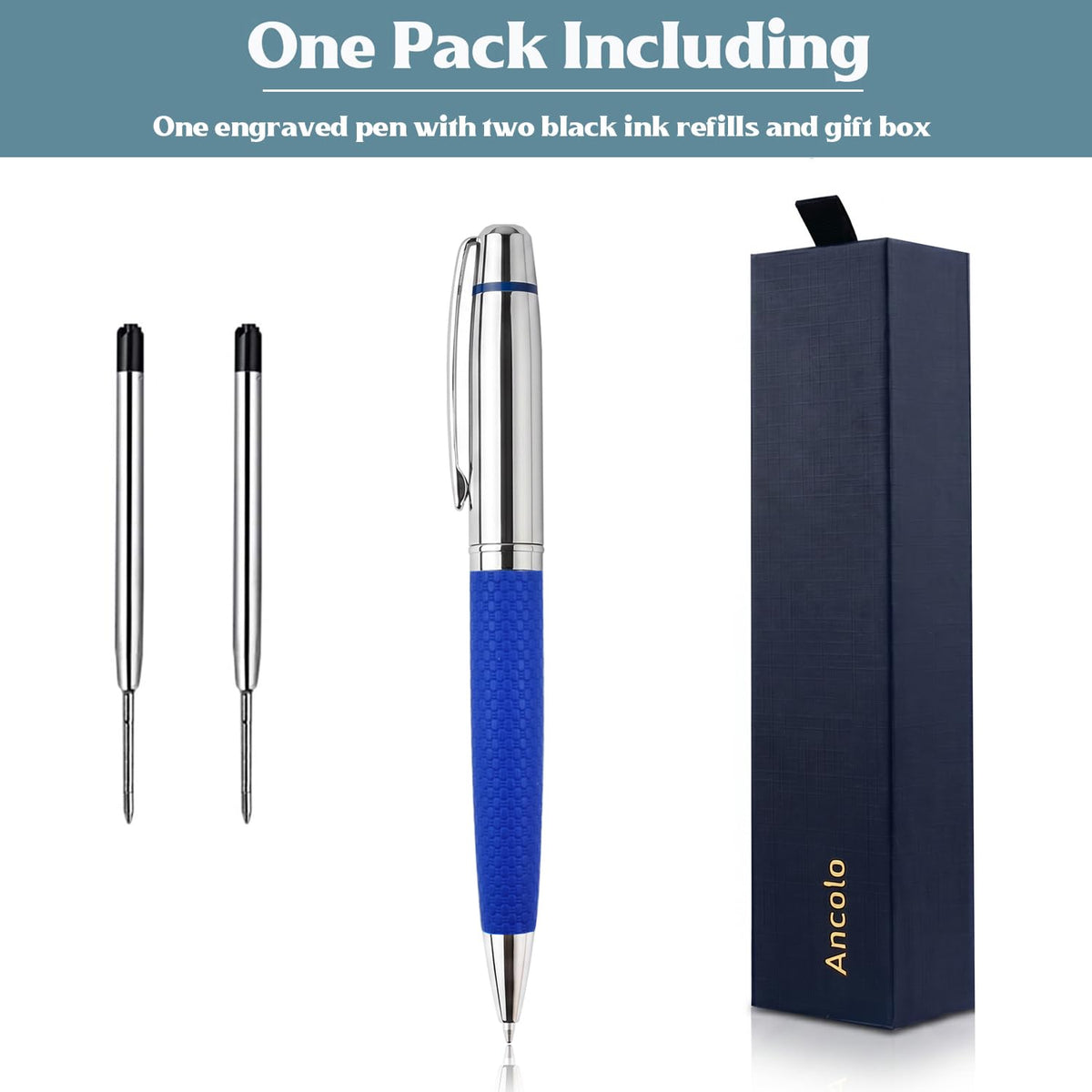 Ancolo Personalized Silver Chrome Ballpoint Pen- Luxury Pen with PU Leather