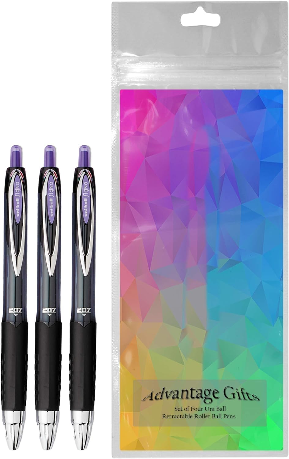 Advantage Gifts Signo 207 Roller Ball Retractable Gel Pens, Medium Point (0.7mm), Purple Ink, 3