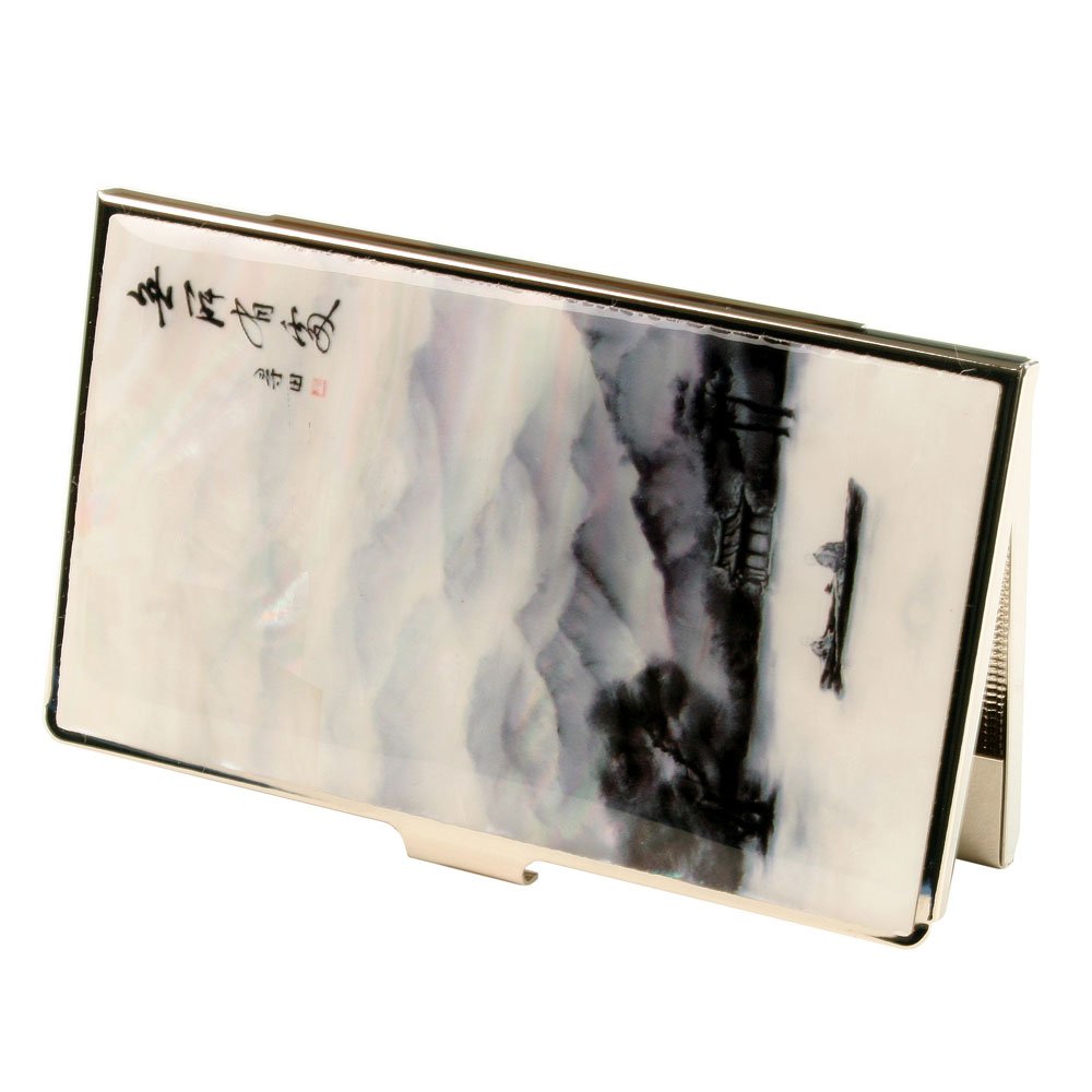 Antique Alive Mother of Pearl Row Boat on Lake Asian Painting RFID Blocking Protection Business