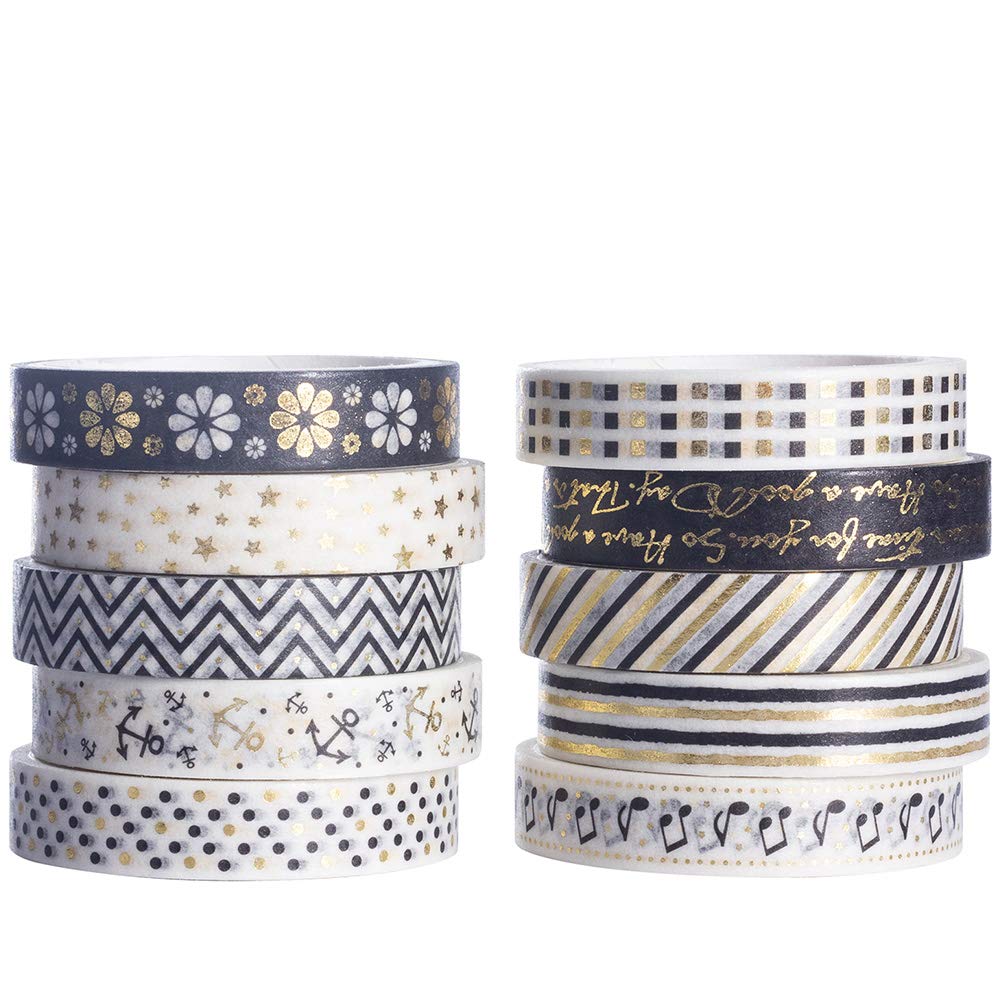 YUBBAEX 10 Rolls Sparkling Washi Tape Set 8mm Skinny Gold Foil Decorative Masking Washi Tapes for