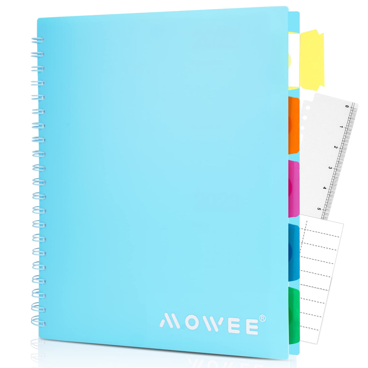 MOWEE 5-Subject Spiral Notebook, College Ruled, with Pocket & Tab Dividers