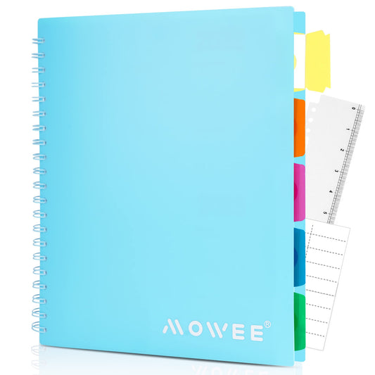 MOWEE 5-Subject Spiral Notebook, College Ruled, with Pocket & Tab Dividers