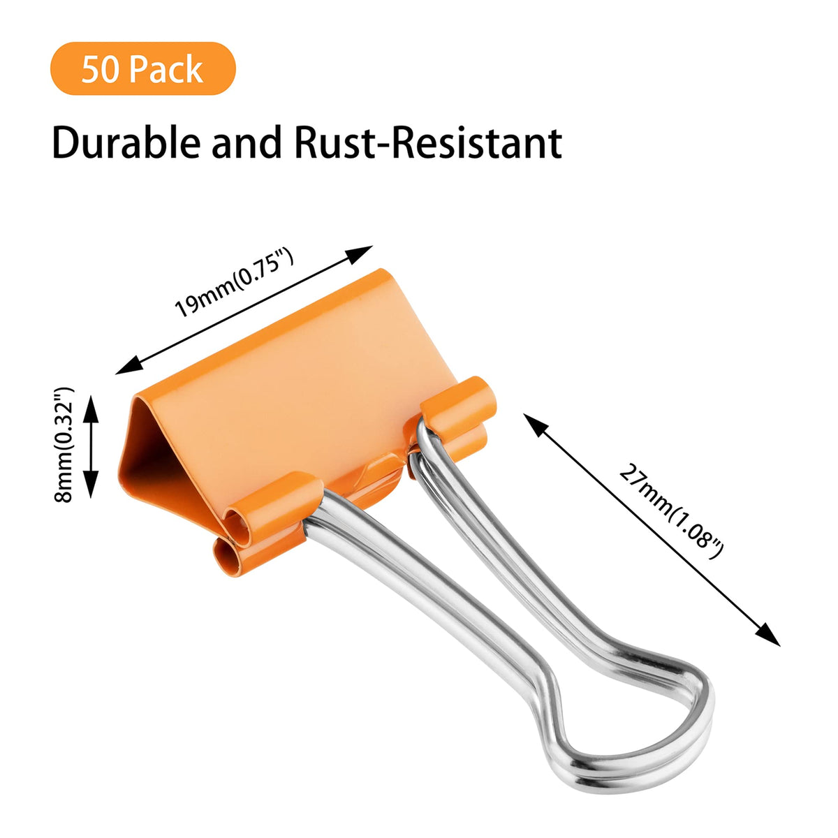 Small Orange Binder Clips, 3/4 Inch (19mm), 50 Pack Mini Clips