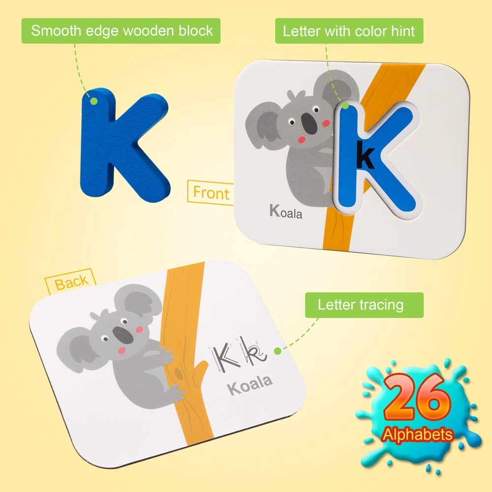 Coogam Numbers and Alphabets Flash Cards Set - ABC Wooden Letters and Numbers Animal Pattern Board