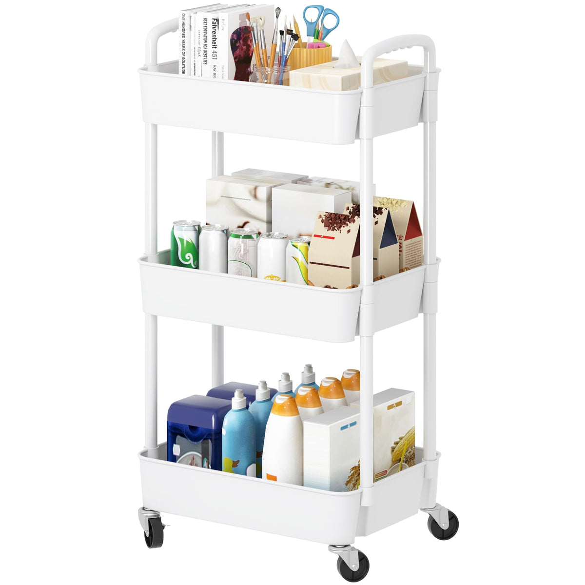 3 Tier Rolling Cart with Wheels, Utility Storage Carts,White