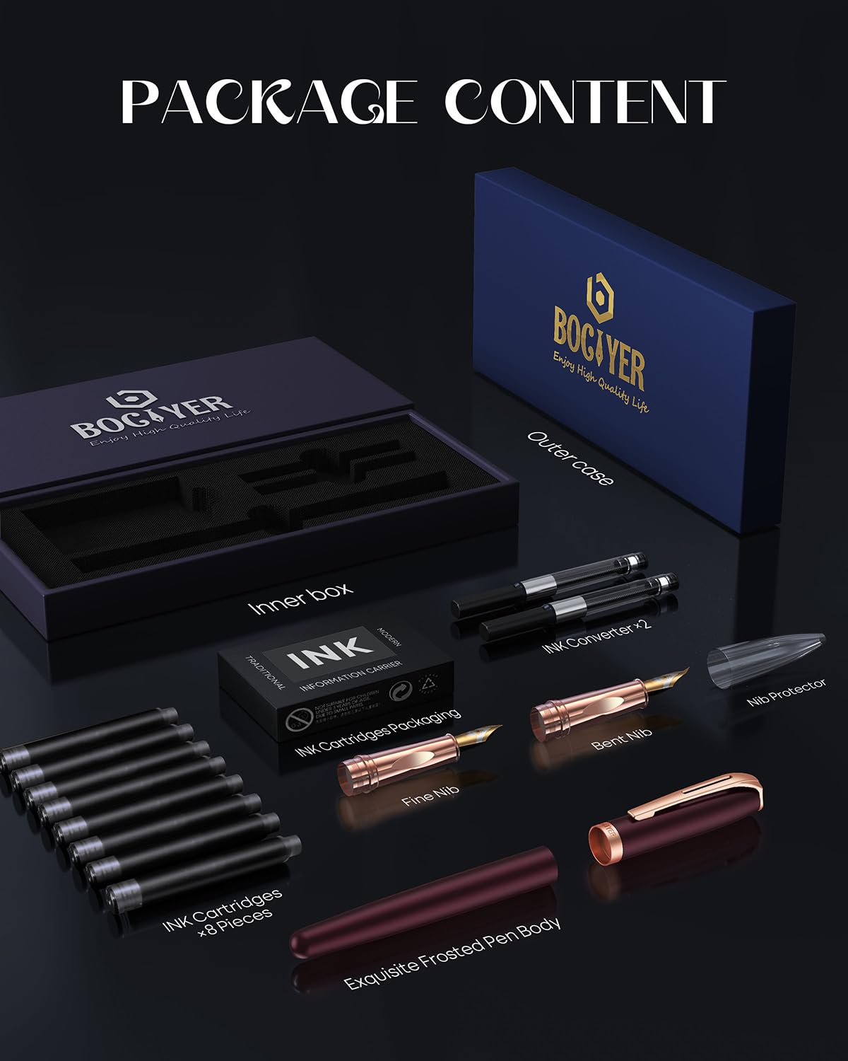 BOCIYER samurai Fountain Pen Set,Hand Polished Medium Nib,Calligraphy Nib(Bent Nib),Includes 8 Ink