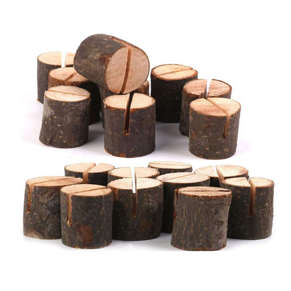 whatUneed 40 Sets Place Card Holders, Rustic Real Wood with Wooden Bark Table Card Holder, Number