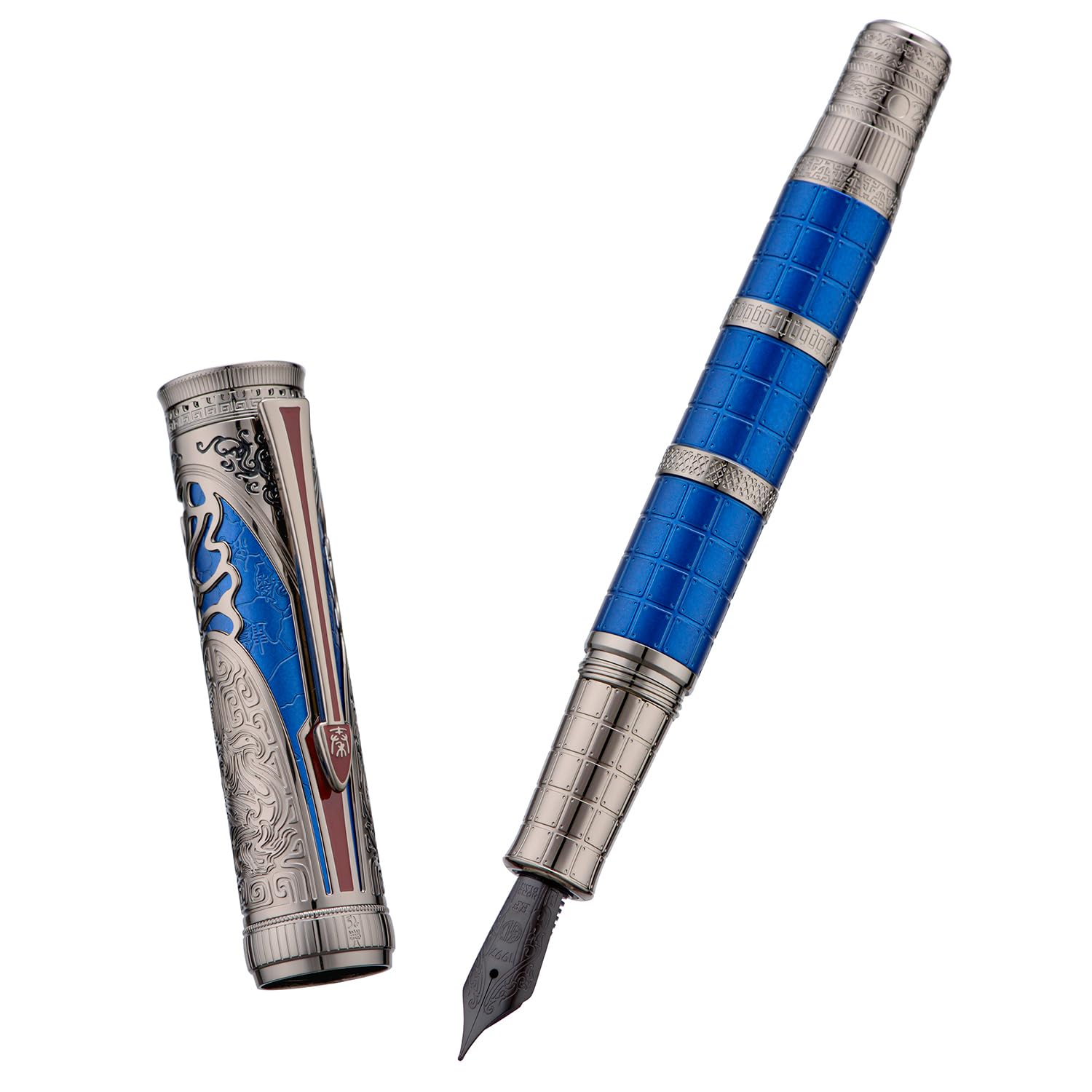 Hongdian D5X Fountain Pen Blue Color Fine Nib, Qin Dynasty Retro Chinese Totem Engraving Smooth