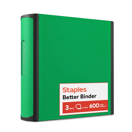 Staples Heavy-Duty 3-Inch D-Ring Binder, Green, Holds 600 Sheets