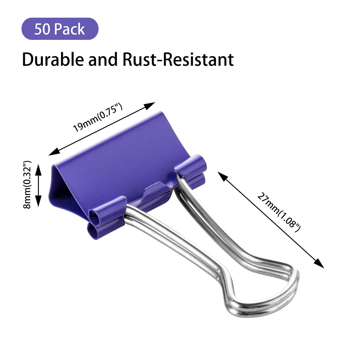 Small Purple Binder Clips, 3/4 Inch (19mm), 50 Pack Mini Clips
