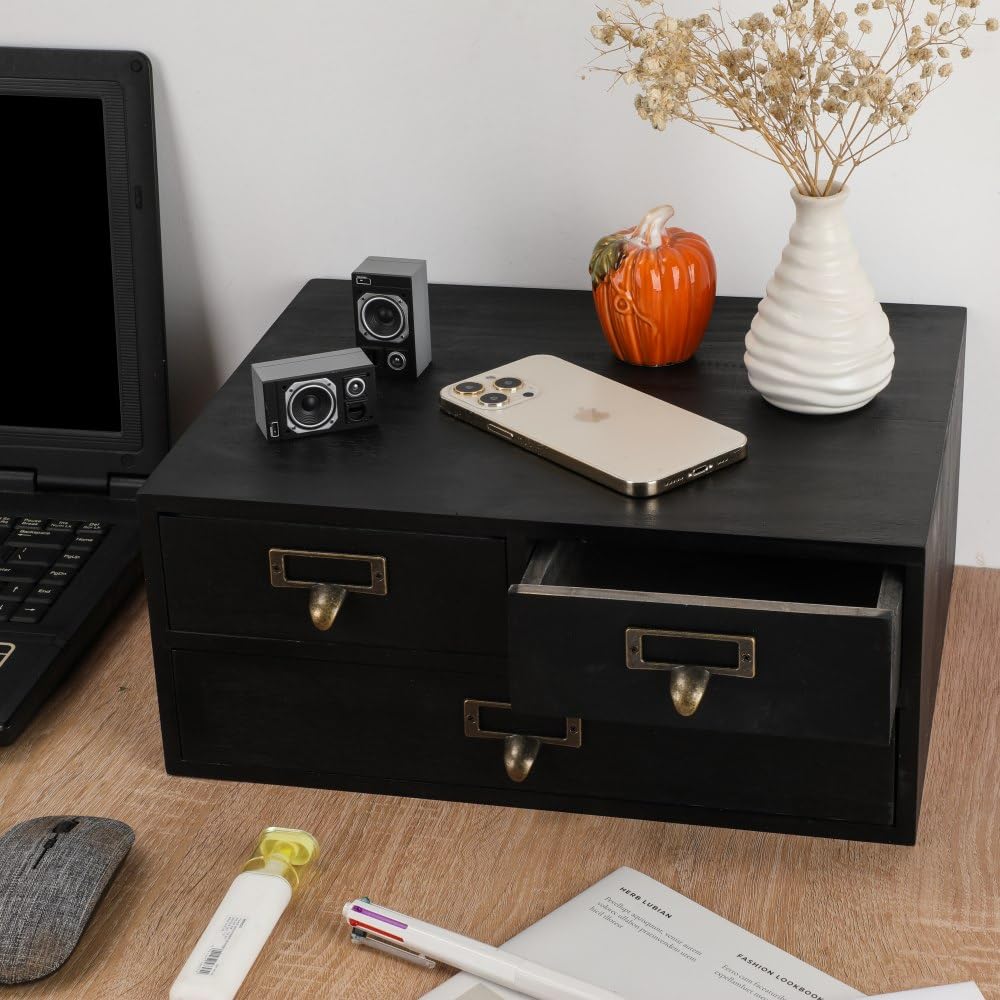 Wooden Drawers Apothecary Cabinet Black Wood Desktop Organizer Box