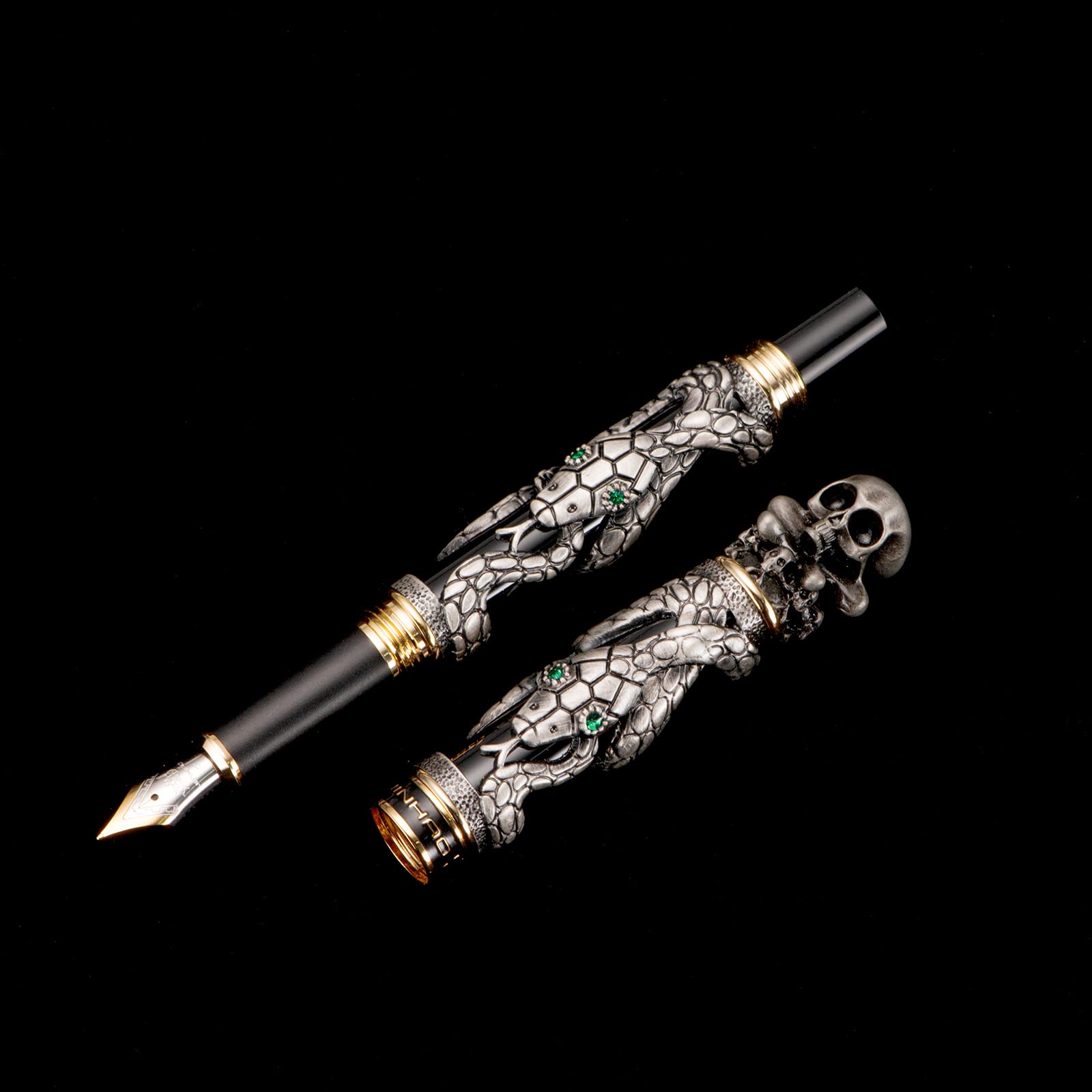 Jinhao Black Snake Fountain Pen Medium Nib Retro Style with Skull Head Solid Metal and Paper Pen