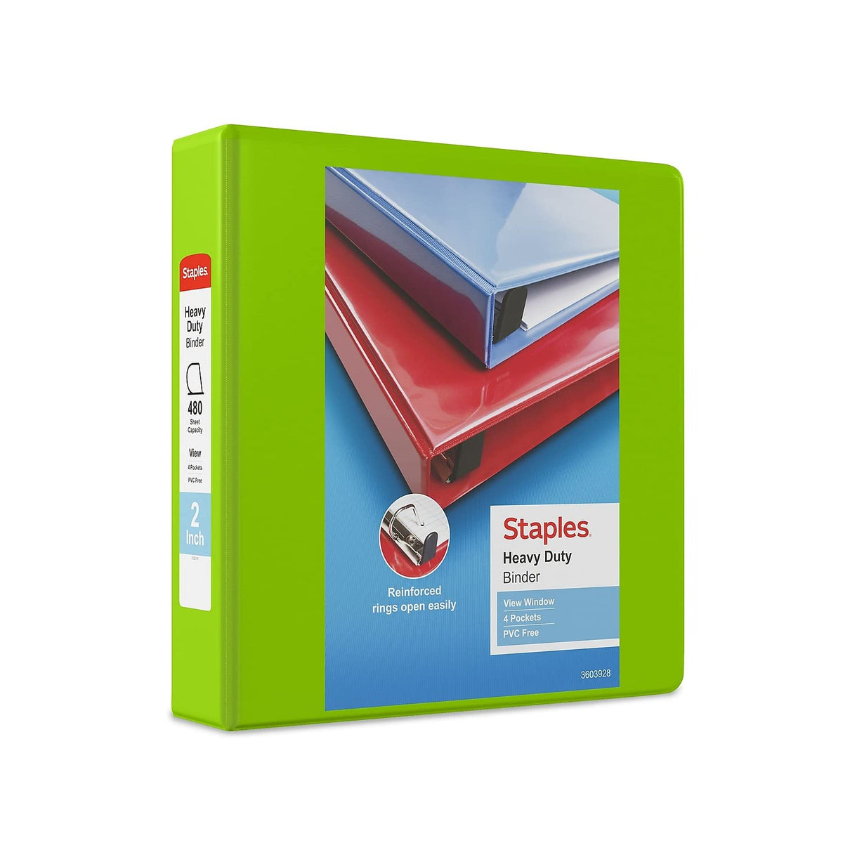 Staples Heavy-Duty 2" D-Ring View Binder, Chartreuse, 450-Sheet Capacity