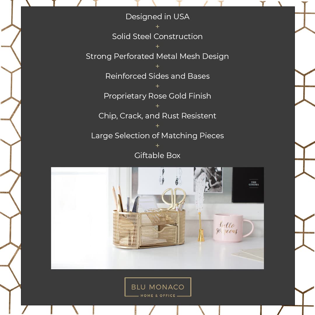 BLU MONACO | Gold Desk Organizer Set with Drawer | Metal Mesh Desk Accessories for Women | Stylish