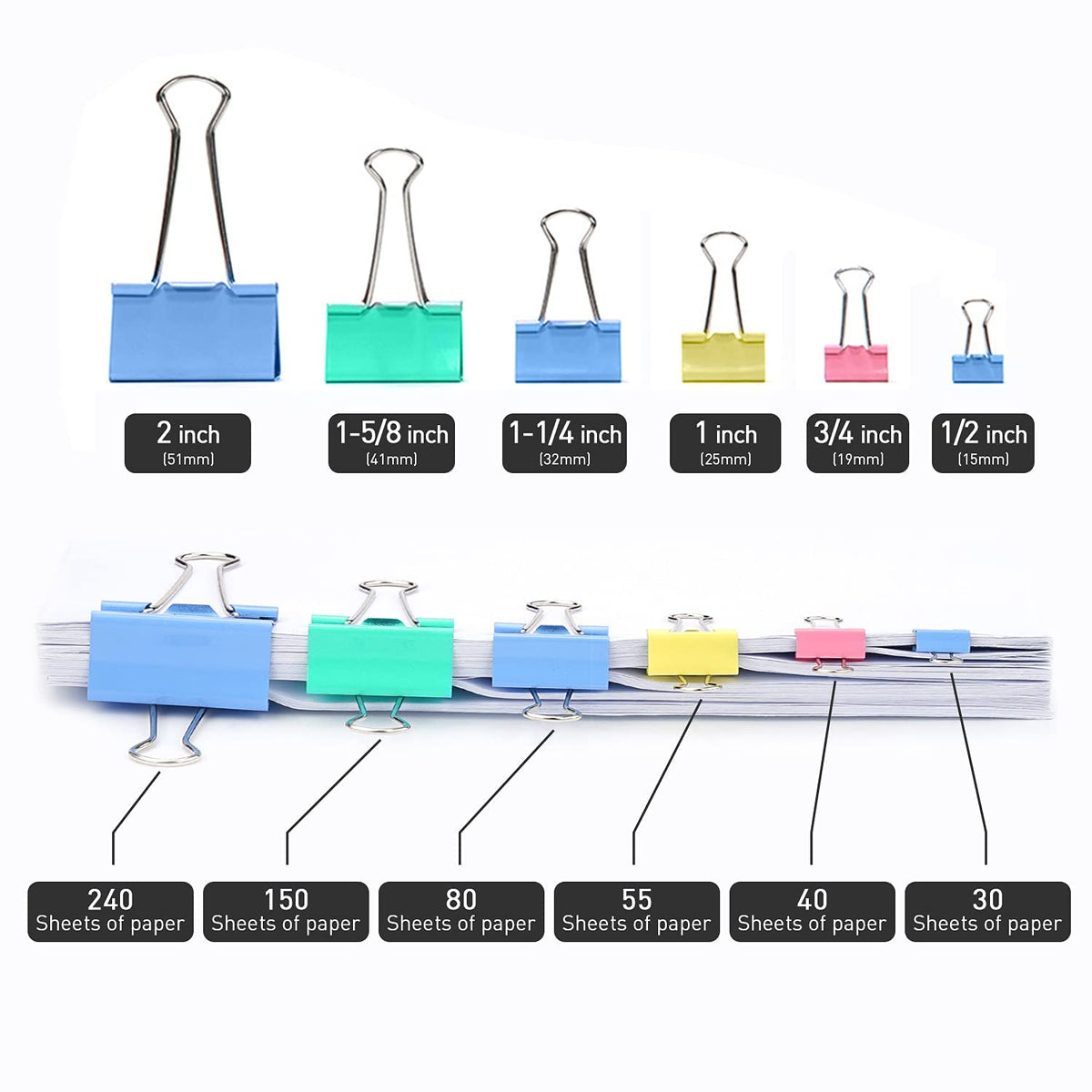 Mini Binder Clips, 120 Pack, 5/8 Inch, Color, Standard 15mm, Micro Paper Clips, Fold Clamp