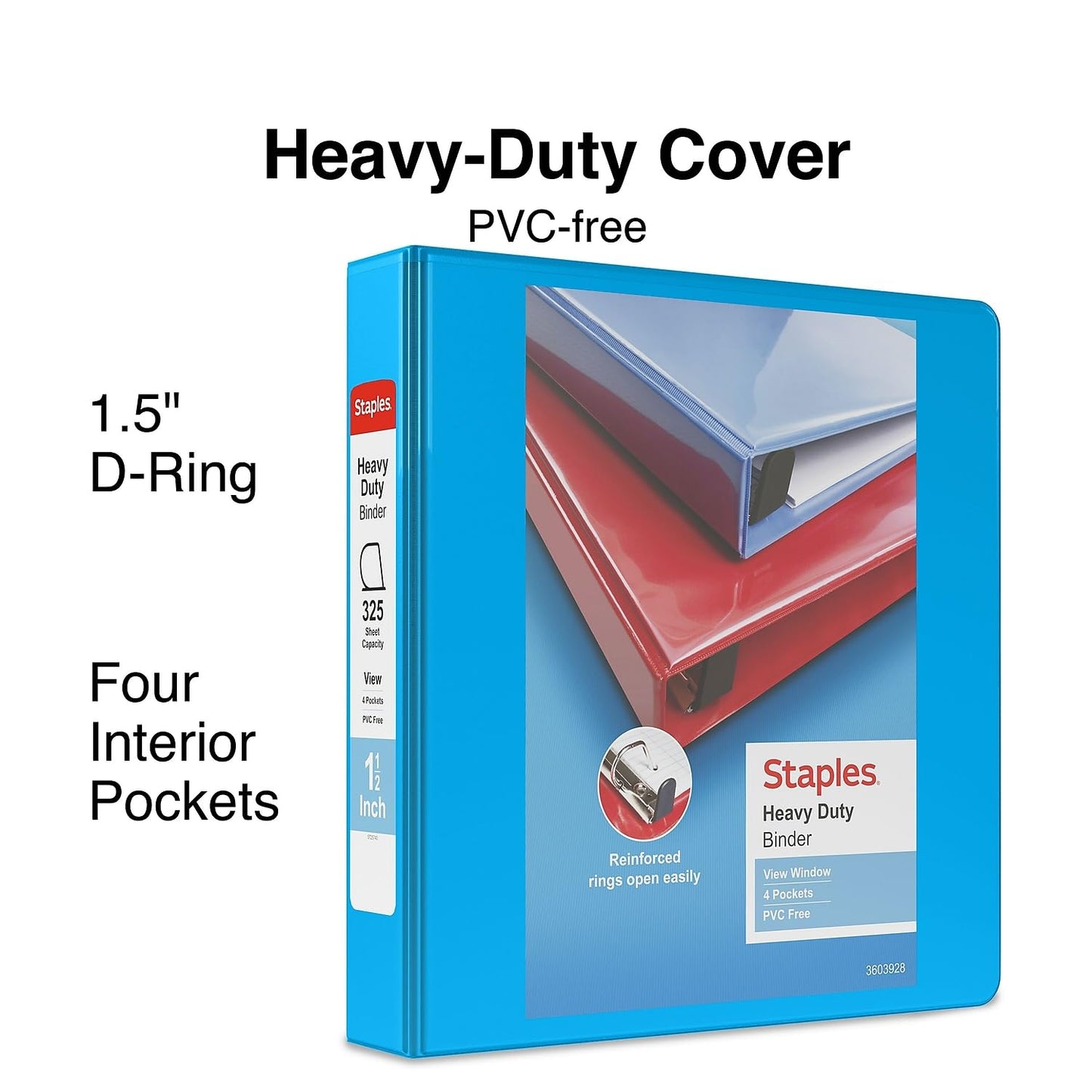 Staples Heavy-Duty 1.5-Inch 3-Ring View Binder, Light Blue, 3-Pack
