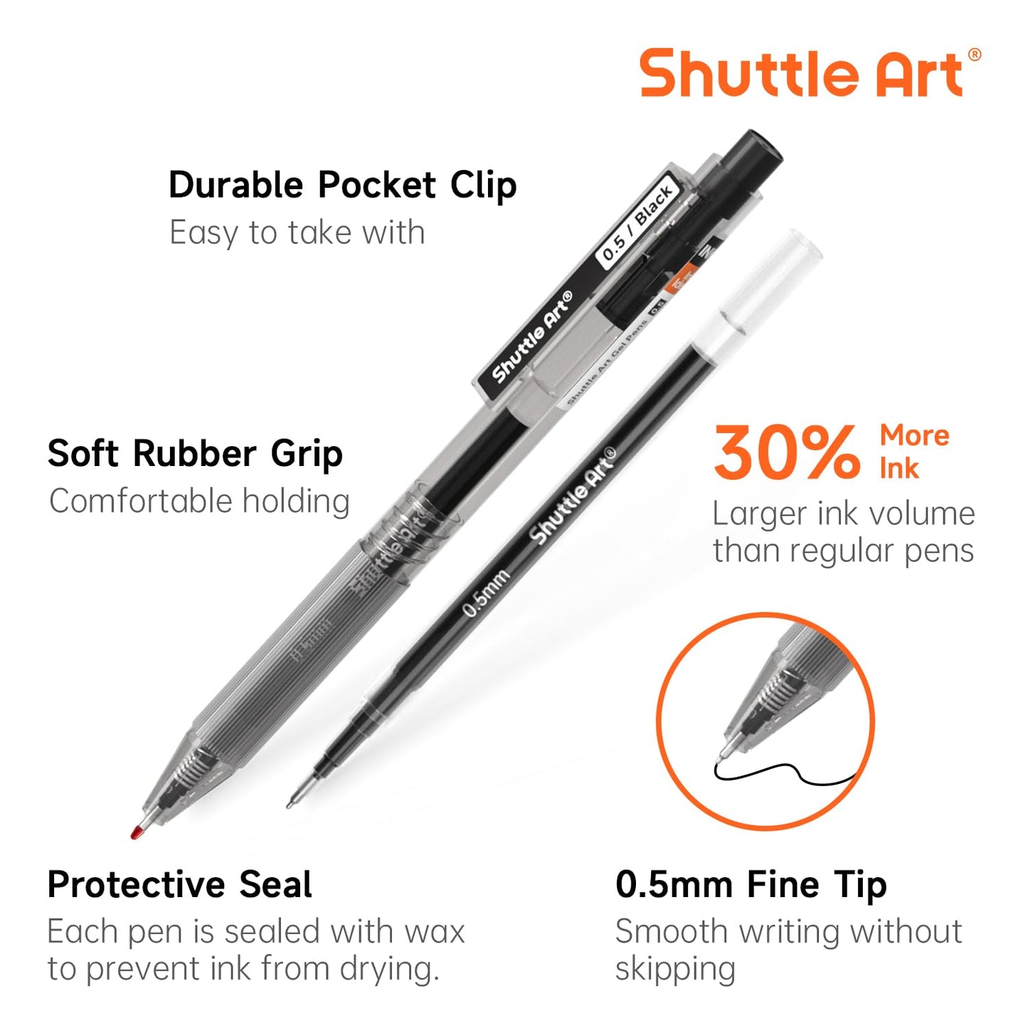 Shuttle Art Black Gel Pens, Ink Glide Series 90 Pack Retractable 0.5mm Fine Point Rollerball Gel