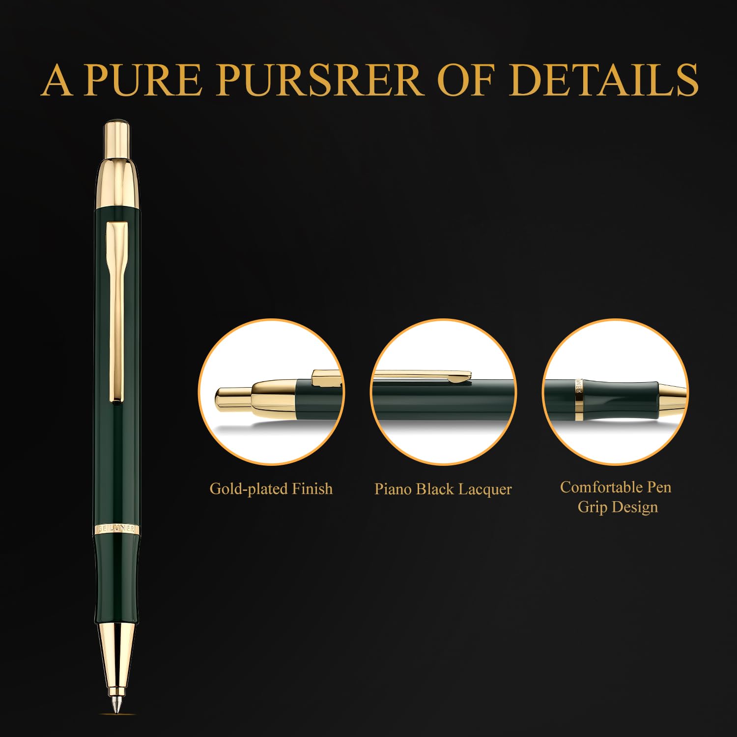BEILUNER Luxury Gel Pen with 24K Gold Electroplating Finish, Green Piano Lacquer, Luxury Grade