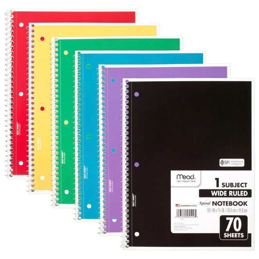 Mead Spiral Notebook, 6 Pack, 1 Subject, Wide Ruled Paper, 7-1/2" x 10-1/2", 70 Sheets per