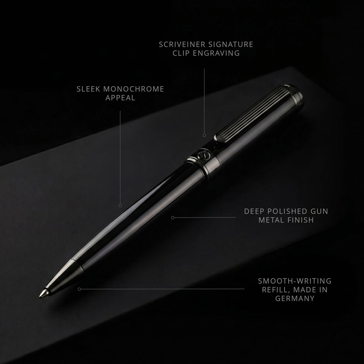 Scriveiner Gun-Metal Lacquer Ballpoint Pen - Stunning Luxury Pen, Schmidt Black Refill, Best Gift