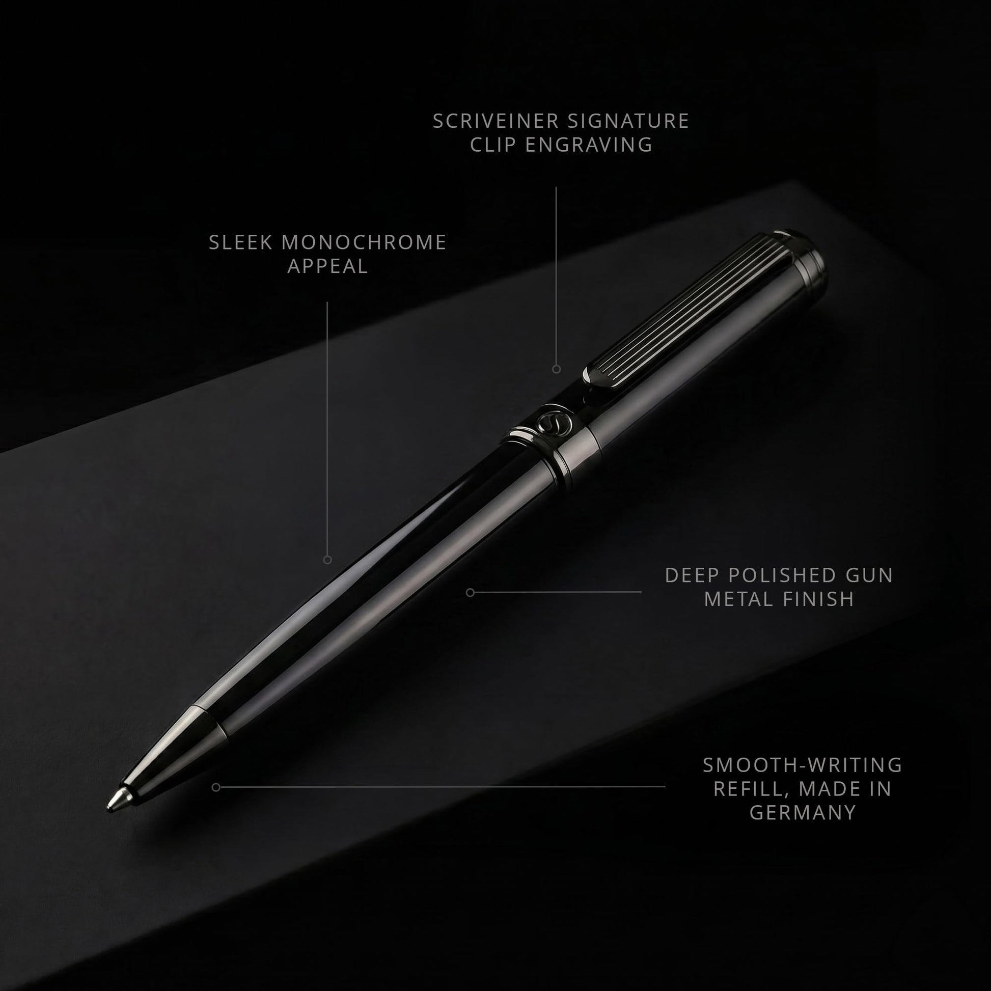 Scriveiner Gun-Metal Lacquer Ballpoint Pen - Stunning Luxury Pen, Schmidt Black Refill, Best Gift