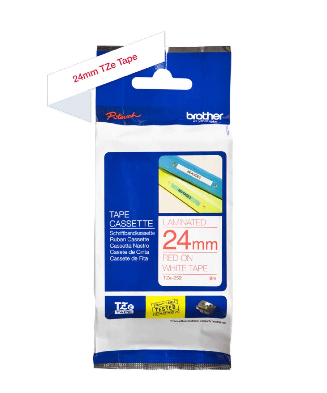 Brother TZe-252 Labelling Tape Cassette, Red on White, 24 mm (W) x 8 m (L), Laminated, Brother