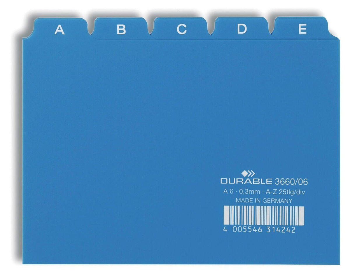 Durable 366006 25 Piece A6 Index Card Set with Printed A-Z Tab - Blue