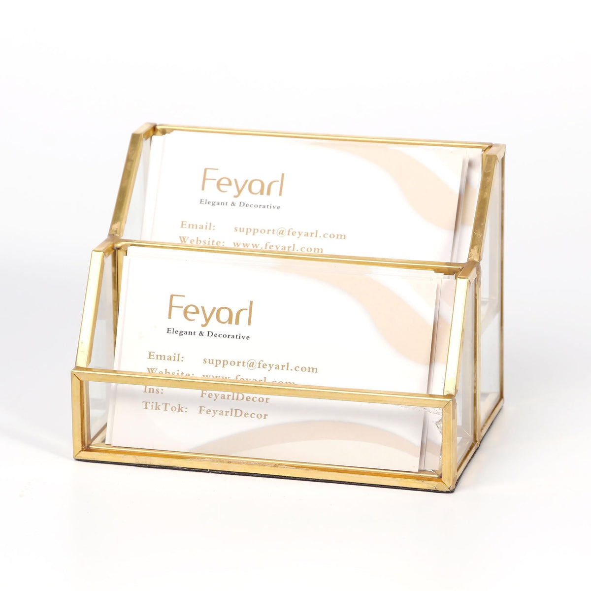 Feyarl Gold Glass Business Card Holder 2 Slots Name Cards Display Stand Business Cards Organizer