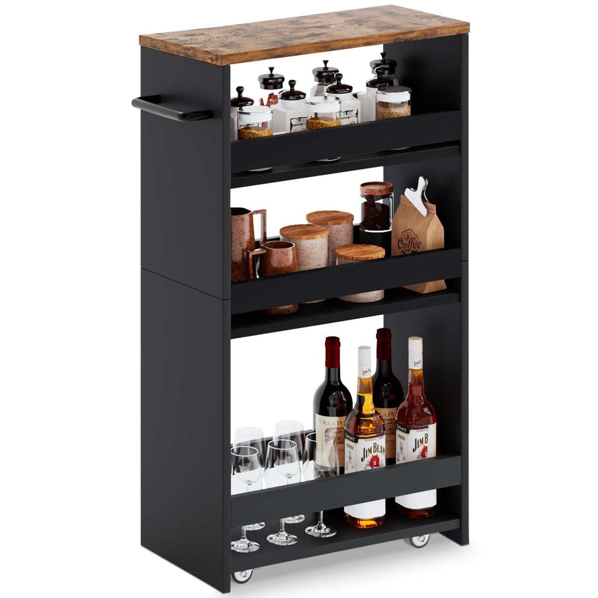 MARTY Slim Rolling Storage Cart 7.9" W Laundry Cart with Wheels,Brown+Black