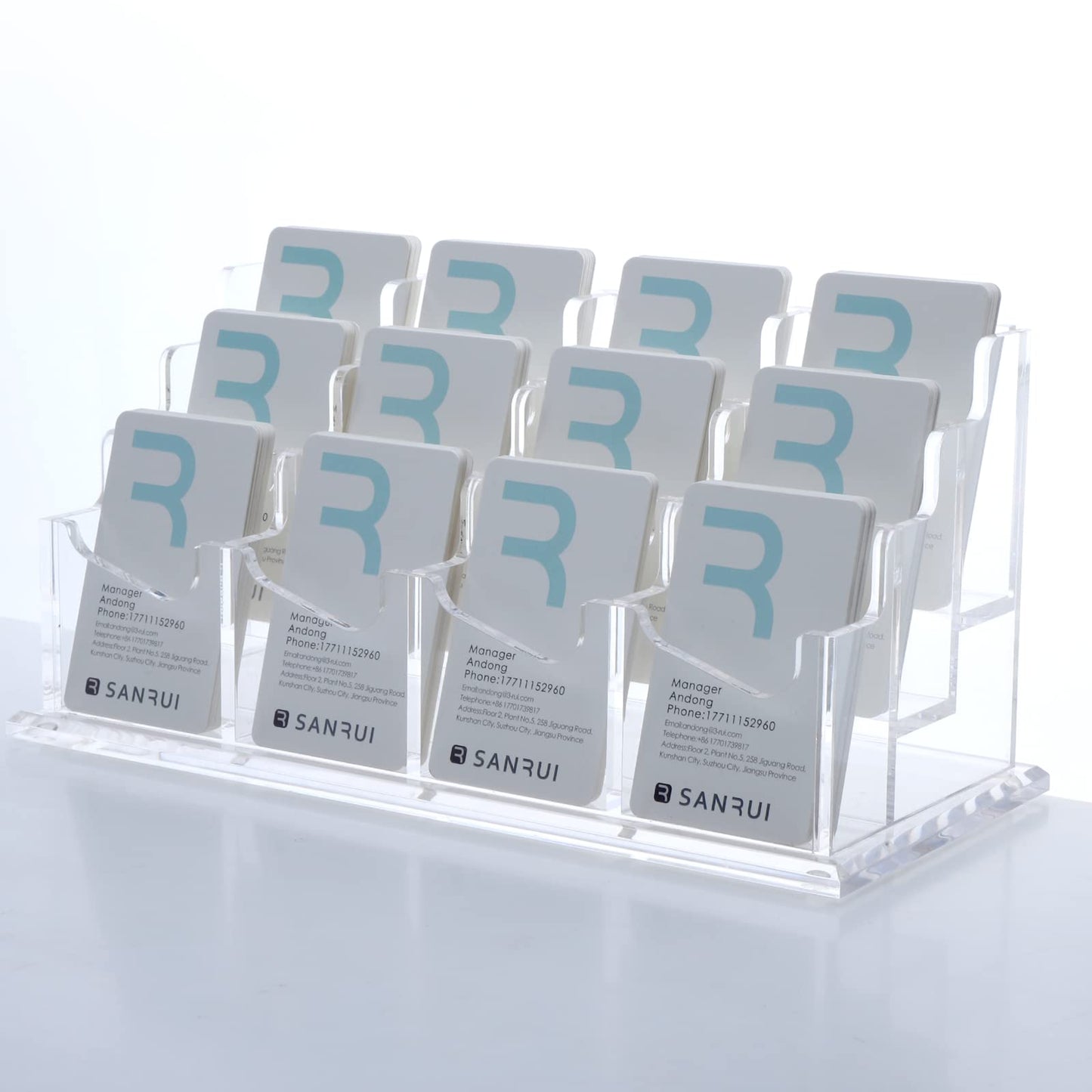 SANRUI Vertical Acrylic Business Card Holder for Desk, 3 Tier 12 Slot