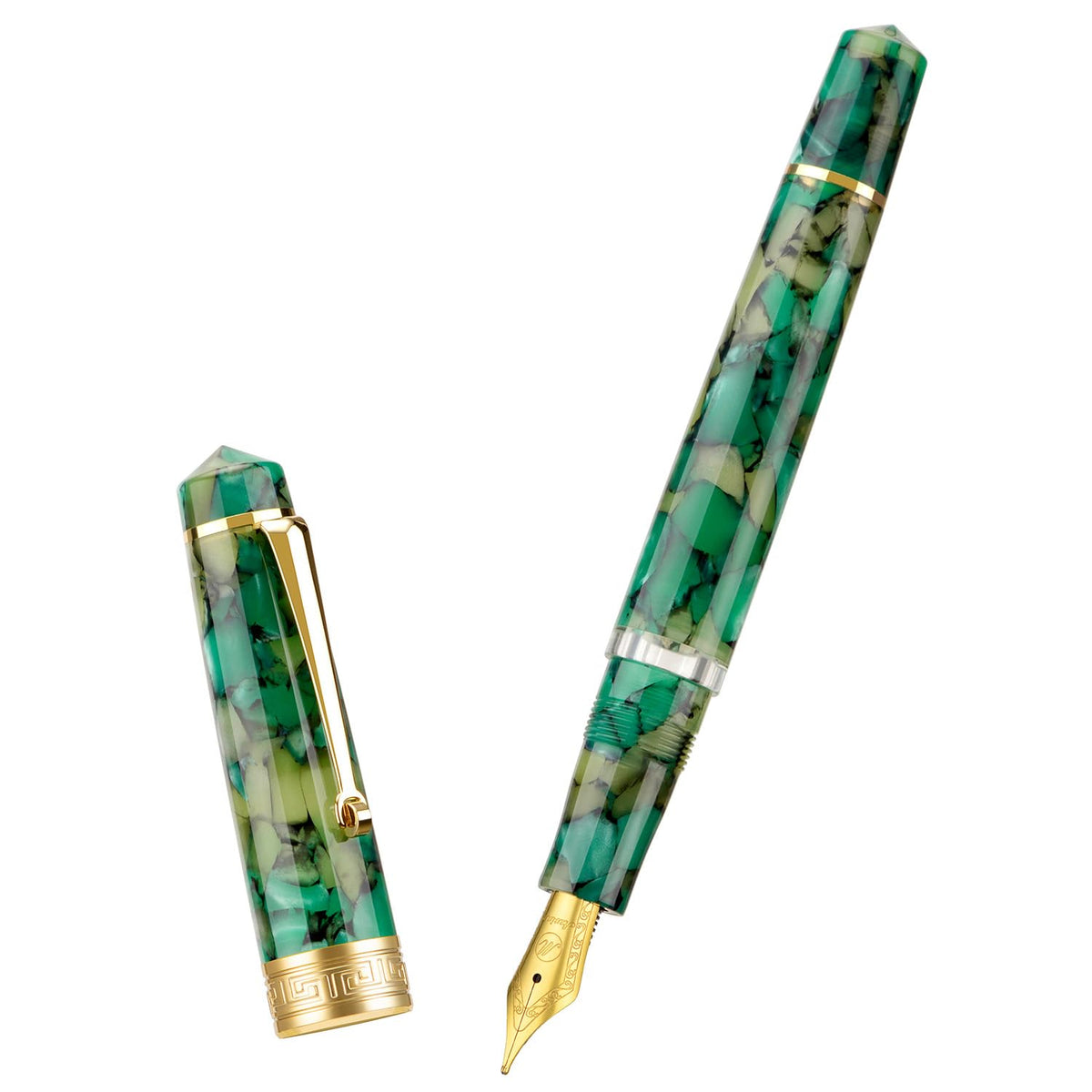 Asvine P20 Piston Fountain Pen Extra Fine Point, Green Marble Acrylic Gold Trim Smooth Writer