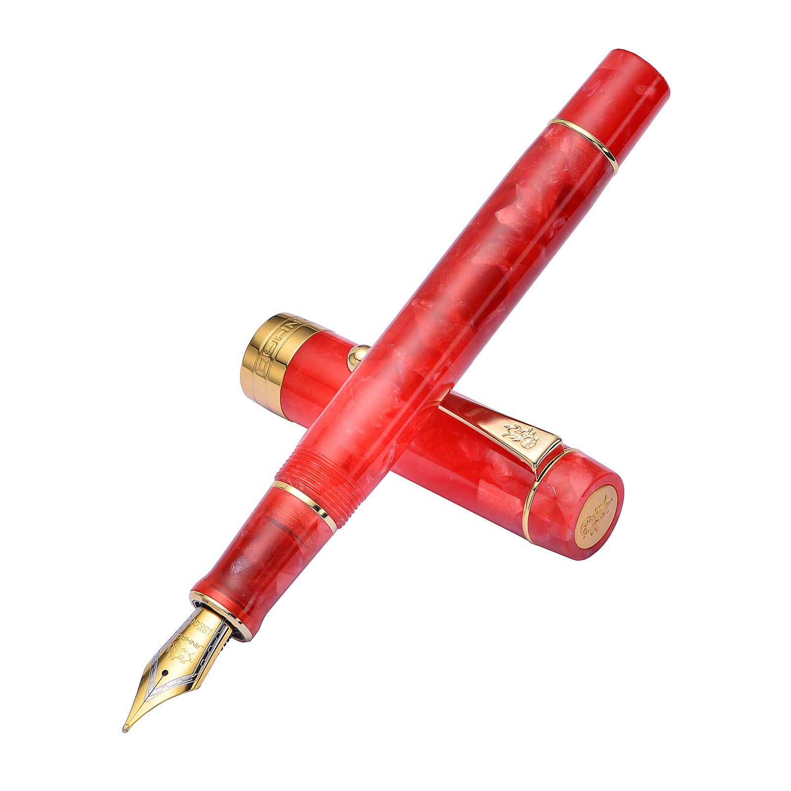 Jinhao 100 Classic Fountain Pen Red Marble Celluloid Gold Trim, Fine Point with Converter and Pen